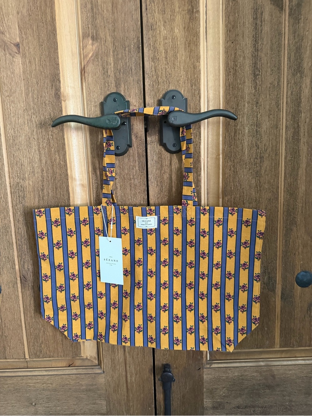 Sezane Striped Floral Tote in Mustard Yellow and Blue